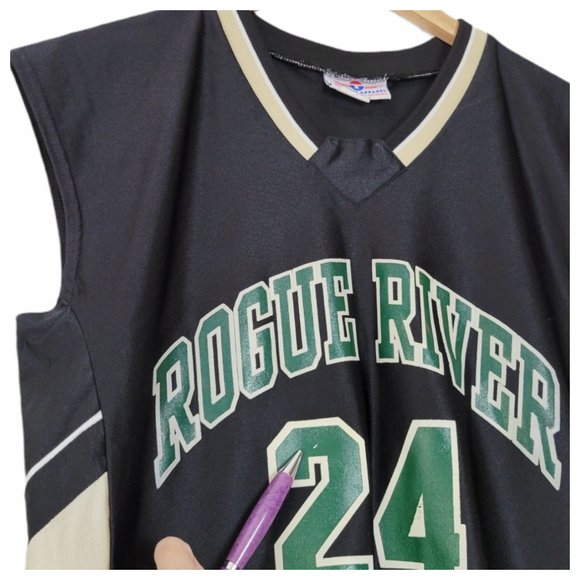 Sleeveless Baskeball Jersey Rogue River Number 24 Black Green and Golden Tan - Picture 7 of 11
